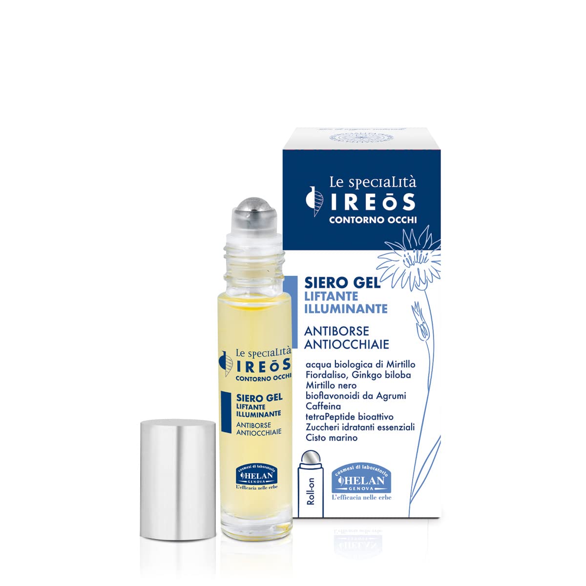 Helan IREOS - Lifting & Brightening Eye Bags Remover for Skincare with Cool Steel Roll-On - Eye Roller for Dark Circles and Puffines, Caffeine Eye Serum with Fast-Absorbing Texture, Made in Italy 10ml