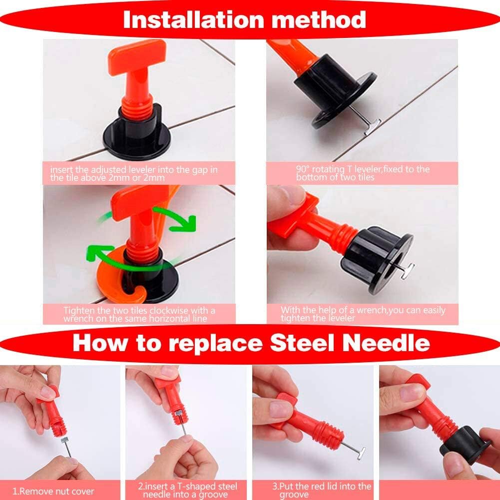 Tile Leveling System 1/16" Kit Reusable, 200pcs Tile Leveler Spacer with 1000pcs 1/12" Tile Spacers, 5pcs Wrench and 20pcs 1/16" Replaceable Spare Steel Pin (200) - - 