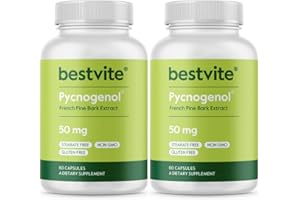 BESTVITE Pycnogenol 50mg (120 Capsules) (60x2) - French Maritime Pine Bark Extract - No Stearates - Gluten Free - Non GMO