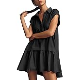 Fisoew Womens Summer Sweatshirt Dresses Short Sleeve V Neck Casual Oversized Patchwork Mini Dress