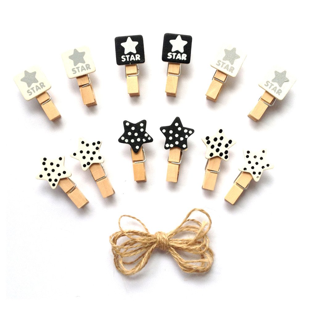 LWR CRAFTS Wooden Mini Clothespins Stars 24 Pieces and Jute Cord 2.4m