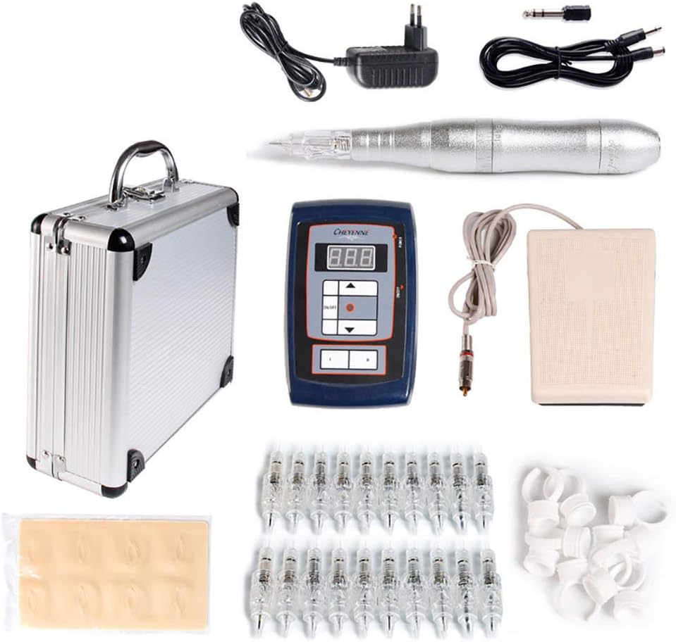 JhyccddTattoo Machine Pen Kit, Hybrid Rotary Tattoo Machine, Permanent Makeup Pen Kit Power Supply Motor Tattoo Machine Full Set Silver