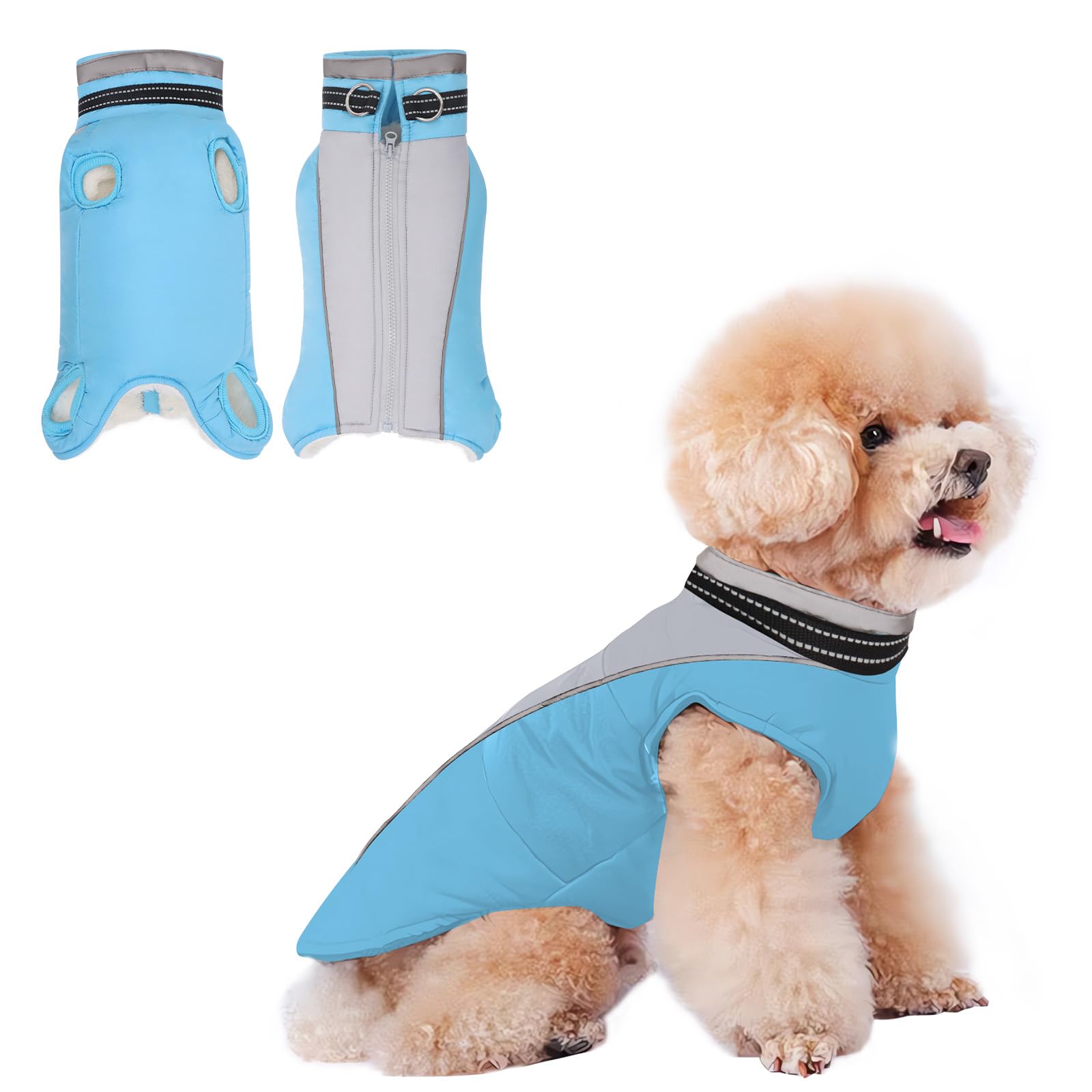 JULY'S SONG Fleece Lined Dog Jacket With Chest Strap, Reflective Stripes - Warm Cotton Coat for Winter Autumn