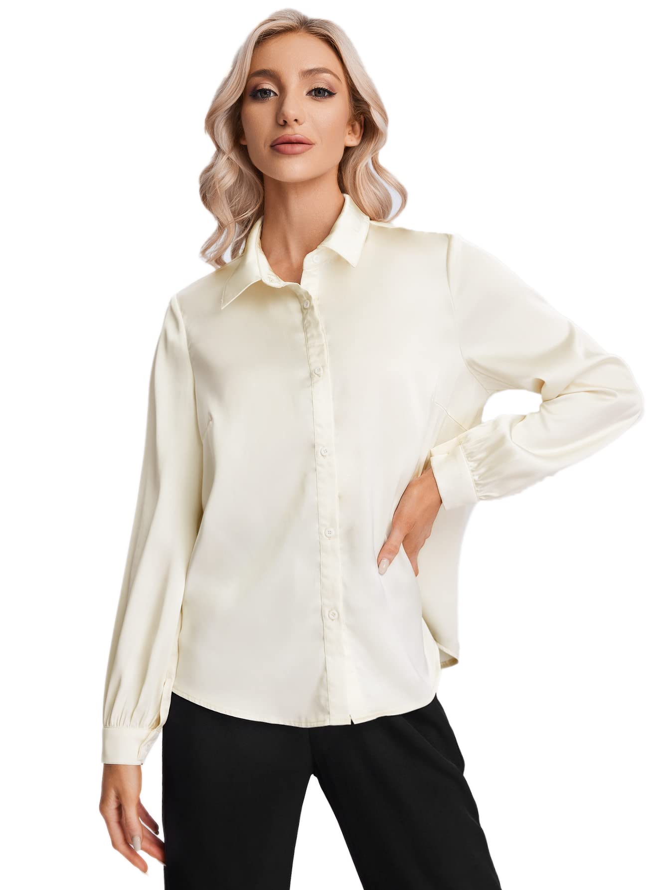 MakeMeChic Women's Satin Silk Long Sleeve Blouse