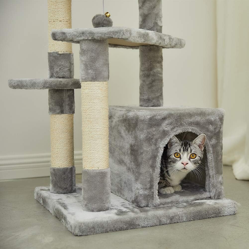 SUPERJARE Cat Tree with Extra Scratching Board & Posts, Kitten Tower Center with Plush Perch and Dangling Ball, Pet Play Condo Furniture - Gray : Pet Supplies