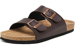 SCECOCRS Genuine Leather Unisex Cork Footed Flat Slide Sandals with Arch Support, Men and Women’s Double Buckle Memory Foam Slide for Beach Summer Vacation