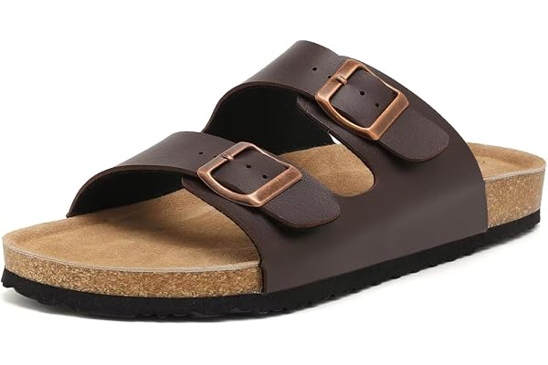 Unisex Cork Footed Flat Slide Sandals with Arch Support, Men and Women’s Double Buckle Memory Foam Slide for Beach Summer Vac