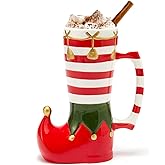 Elf Boot Party Mug Large Ceramic Mug for Coffee, Cocoa, Wine, Eggnog & More - Candy Cane Stocking Sock Gift - 7.8" High, 6" Wide, 17 oz Capacity, Kids & Adults