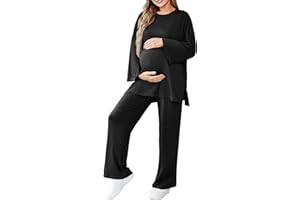FMEYOA Womens Maternity Pajamas Sets 2 Piece Outfits Long Sleeve Tops and Pregnancy Loungewear Mama Clothes with Pockets