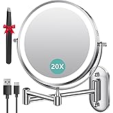 Auxmir 8'' Wall Mounted Lighted Makeup Mirror, 3200mAh Rechargeable Double-Sided 1X/20X Magnifying Mirror with Light, Touch Dimmable 3 Color Light, 360° Rotation Foldable Extended Arm, Chrome