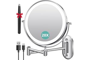 Auxmir 1X/20X Wall Mounted Makeup Mirror with Light, 8" Rechargeable Double-Sided Magnifying Mirror, Vanity Mirror Dimmable 3 Color Light, 360° Extension Rotation Foldable 14.5 Inch Arm, Chrome