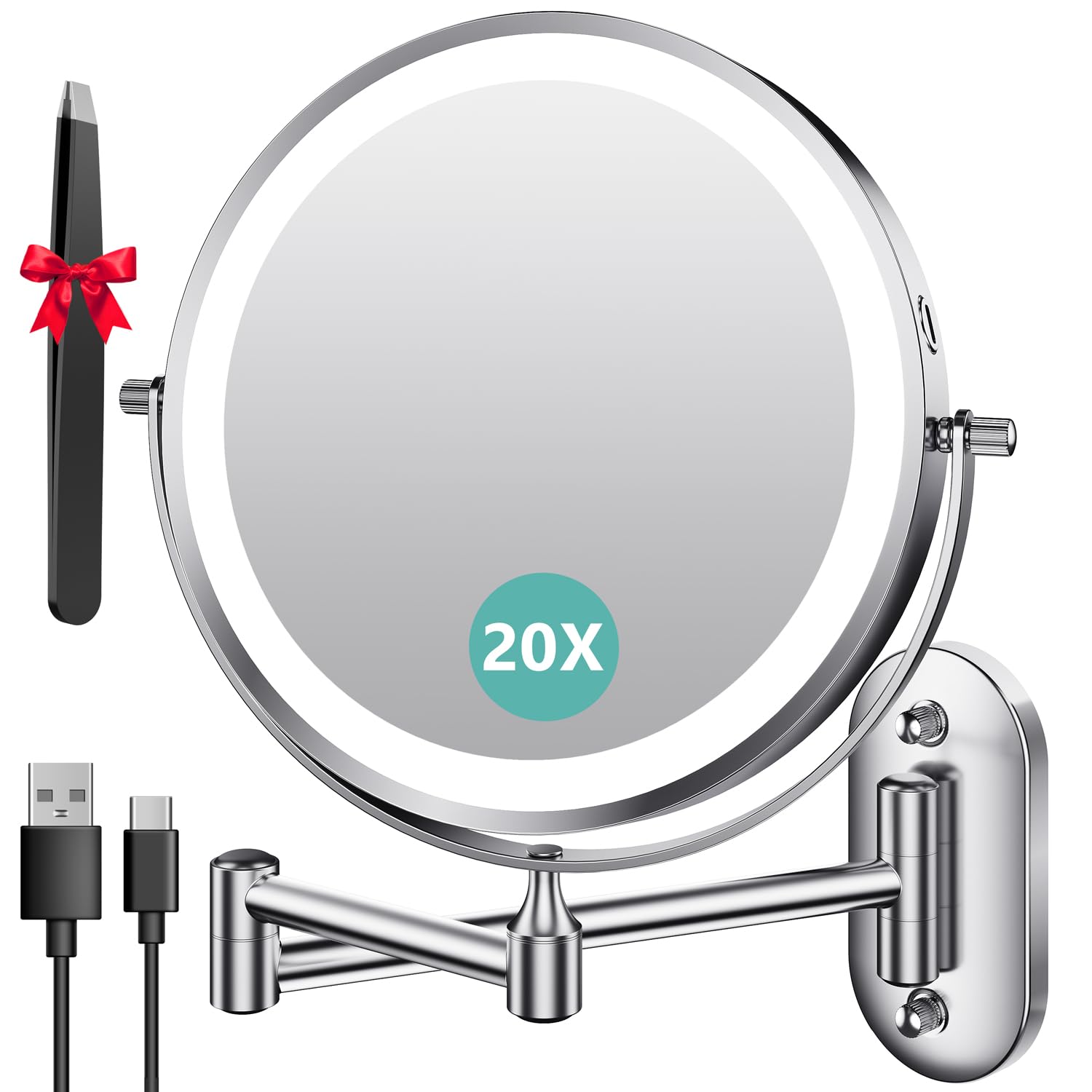 Photo 1 of Auxmir 1X/20X Wall Mounted Makeup Mirror with Light, 8" Rechargeable Double-Sided Magnifying Mirror, Vanity Mirror Dimmable 3 Color Light, 360° Extension Rotation Foldable 14.5 Inch Arm, Chrome