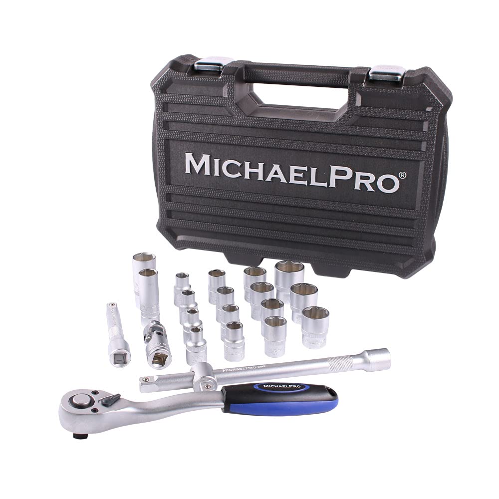 MichaelPro MP005011 22-Piece 1/2 Inch Dr. 72T Ratchet Wrench Socket Set, Metric, Ratchet Handle, Extension Rods, Universal Joint, with Adapter and Storage Case, Made in Taiwan