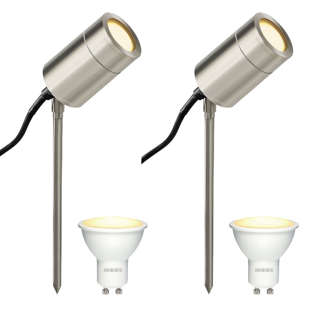 Long Life Lamp Company Pack of 2 LED Stainless Steel Spike Outdoor Garden Spike Light IP54 Adjustable GU10