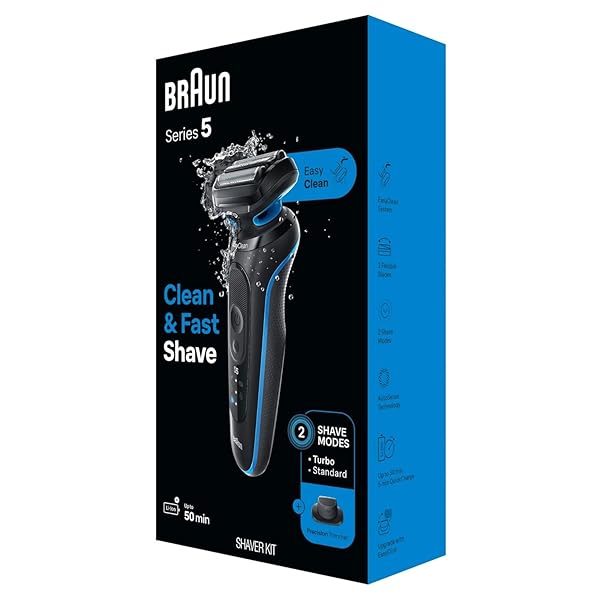 BRAUN ELECTRIC SHAVER FOR MEN, SERIES 5 5118S, WATERPROOF, WET & DRY SHAVE, TURBO SHAVING MODE, FOIL SHAVER WITH PRECISION TRIMMER, BATTERY POWERED, 50 MINUTE BATTERY RUNTIME