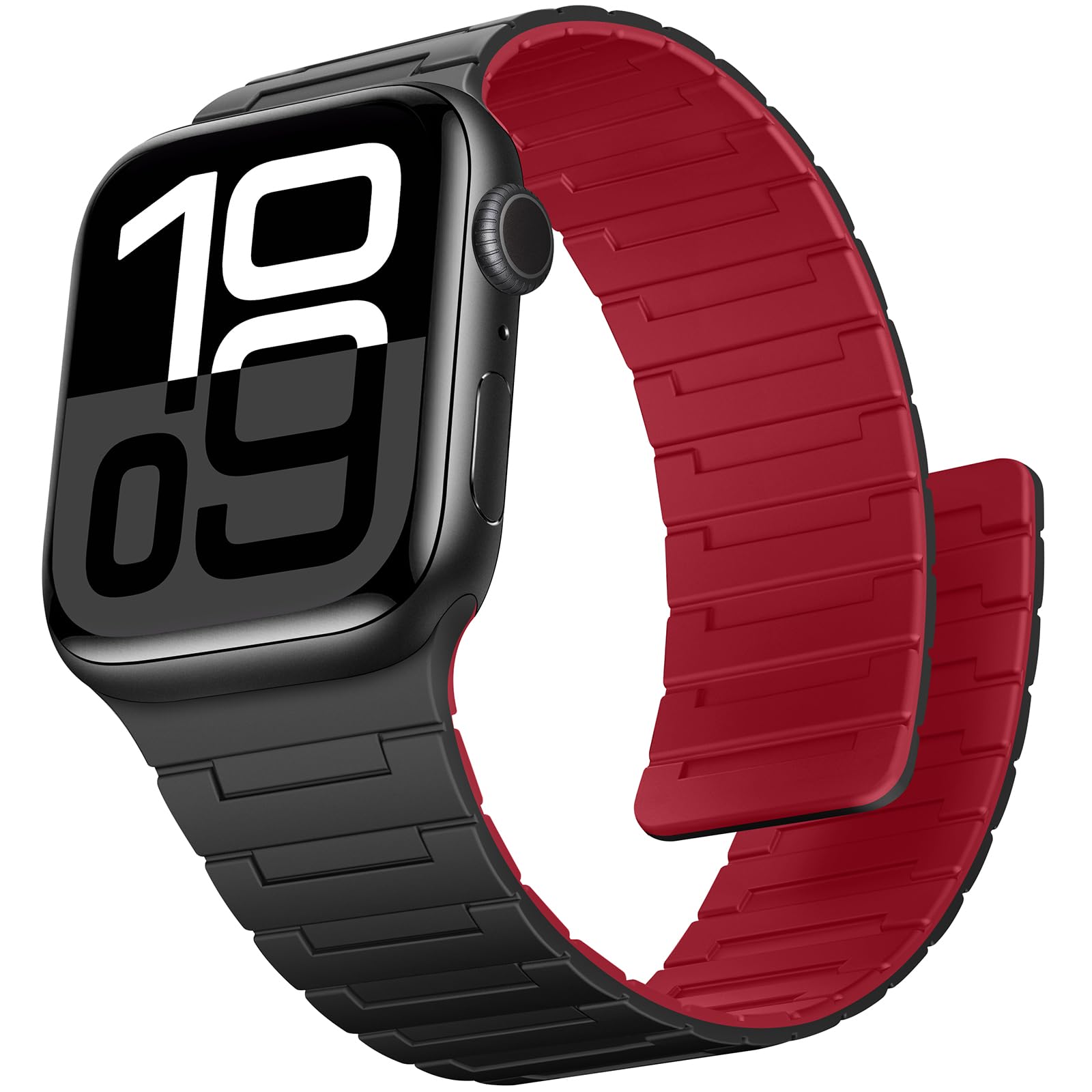 Suphart Strong Magnetic Strap Compatible with Apple Watch Strap 49mm 46mm 45mm 44mm 42mm 41mm 40mm 38mm, Silicone Band for iWatch Ultra 2 SE Series 10 9 8 7 6 5 4（42/41/40/38mm, Black-Red）
