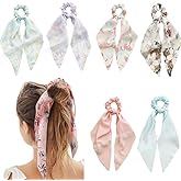DINPREY Tie-dye Hair Scarf with Ribbon Bow Scrunchies for Women Girls, 6Pcs - Hair Ties, Chiffon Ribbon Long Hair Bands, Ties Ponytail Holder, Silk Satin Scrunchies with Bow