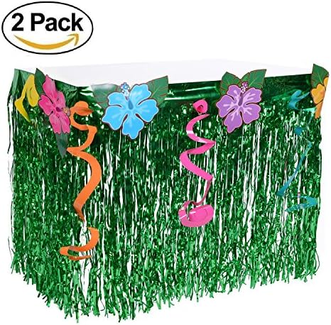 2 Packs Hawaiian Luau Hibiscus Table Skirt - Wonder4 Green Flowered Artificial Grass Table Skirt 9ft with Musical Symbols &amp; Colorful Faux Flowers for Party Decorations