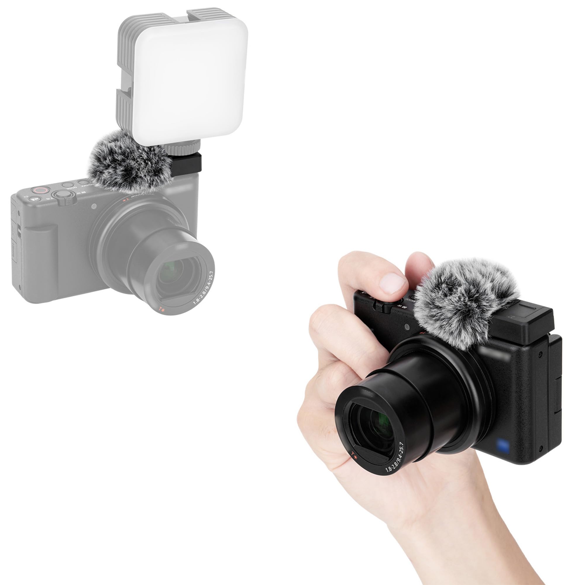 JJC Cold Shoe Adapter with Wind Muff Windshield Compatible with Sony ZV-E10 II, ZV-1 II, ZV-E1, ZV-1F, ZV-E10, ZV-1 Vlog Cameras, Windproof Microphone Furry Windshield (Black)