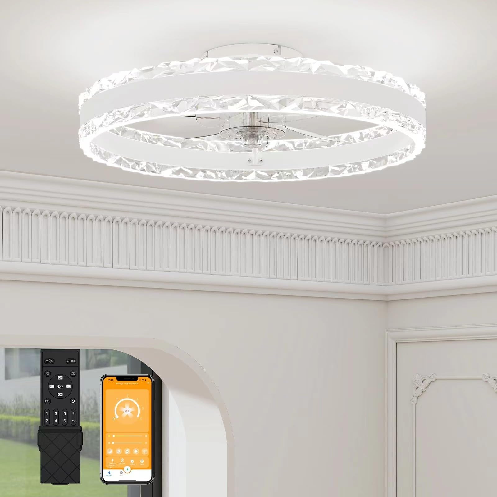 VOLISUN Ceiling Fans with Lights and Remote, 50cm Modern Smart LED Ceiling Fan Light, 6 Speeds and 3000K-6500K Dimmable Quiet Fan Ceiling Lights for Bedroom Living Room Dining Room (White)