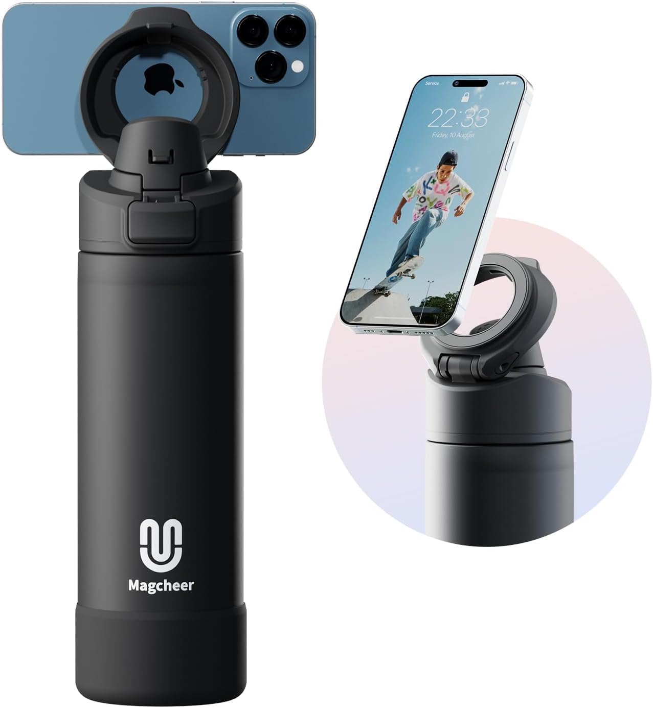 magcheer 750ml Magnetic Water Bottle with Phone Holder Compatible with MagSafe Insulated Gym Cold Drink Bottle for 24 Hours Tripod Bottle for Travel & Fitness Selfie(Black)