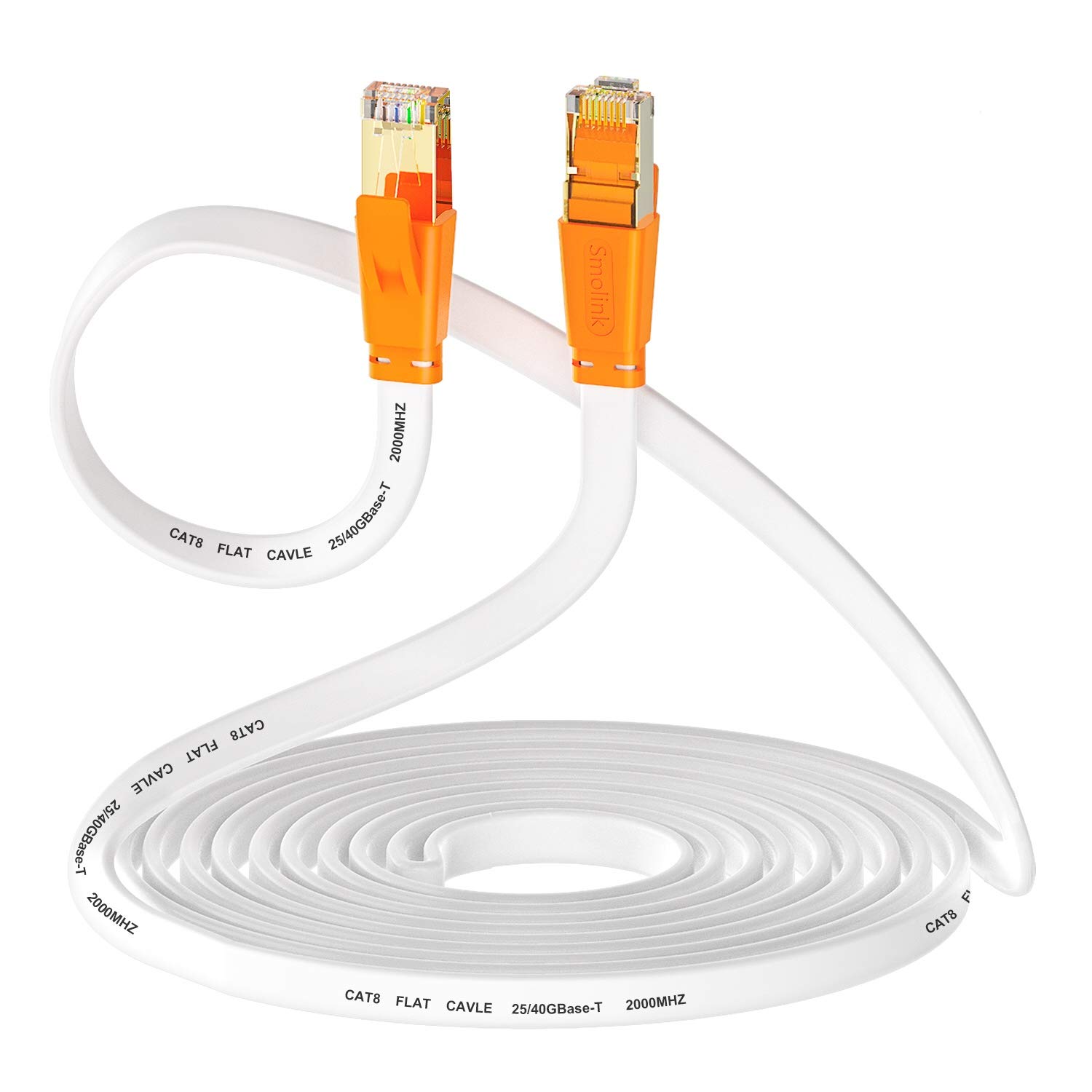 Photo 1 of Smolink Ethernet Cable 1.5 FT, Cat 8 Ethernet Cable 2000Mhz 40Gbps, Internet Cable Professional Flat LAN Cable SFTP Patch Cord with Gold Plated RJ45 Connector for Router Modem, White