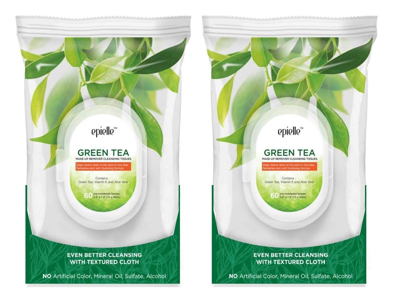 Epielle New Green Tea Facial Cleansing Facial Tissues Wipes Towelettes - 60ct (Sheets) per pack, Twin Pack (Total 2 packs)