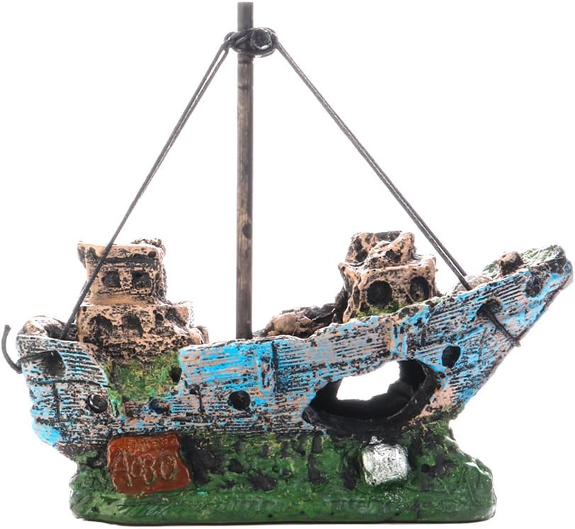 Aquarium Decorations Shipwreck Ornament Fish Tank Accessories Fishing Boat Ruins Miniature Eco-Friendly Ship Ruins for Freshwater Saltwater Tanks Non-Toxic Resin Various Color