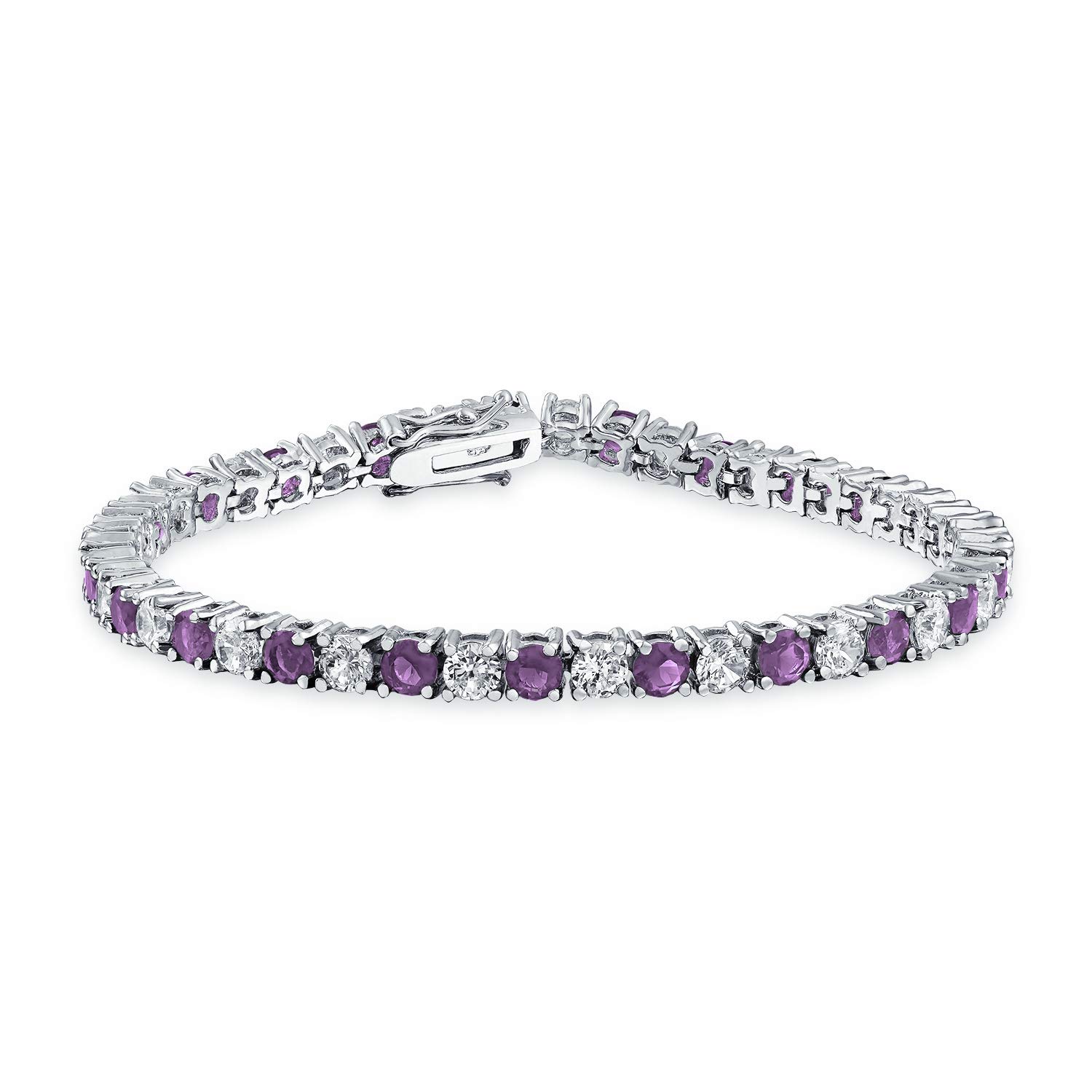 Bling Jewelry Purple White Alternating Simulated Amethyst Round Cubic Zirconia 12.00 CT 4 Prong Basket Set Solitaire AAA CZ Tennis Bracelet For Women Prom Bride Silver Plated 7.5 Inch