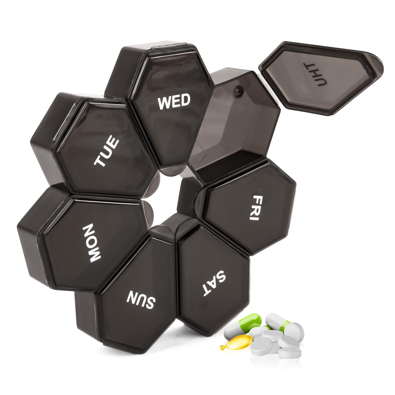 Photo 1 of Zuiaso 7-Day Weekly Pill Organizer and Daily Vitamin Case - Pill Box for Medication Management (1Pack Black)