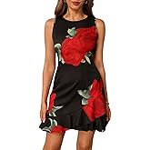 winkbay Women's Floral Print Ruffle Mini Dress Wrap Crew Neck Sleeveless Bodycon Evening Dresses