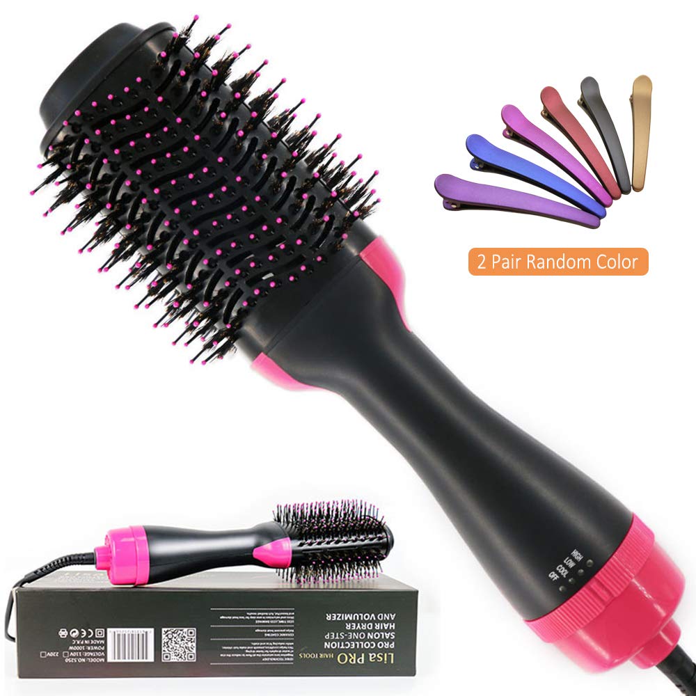 Hot Air Brush, Vlikeze Hair Dryer Brush One Step Hair Dryer & Volumizer 3-in-1 Negative Iron Hair Straightener Curler Brush Hair Styling Styler Comb Reduce Frizz and Static with 2pair Hair Clips