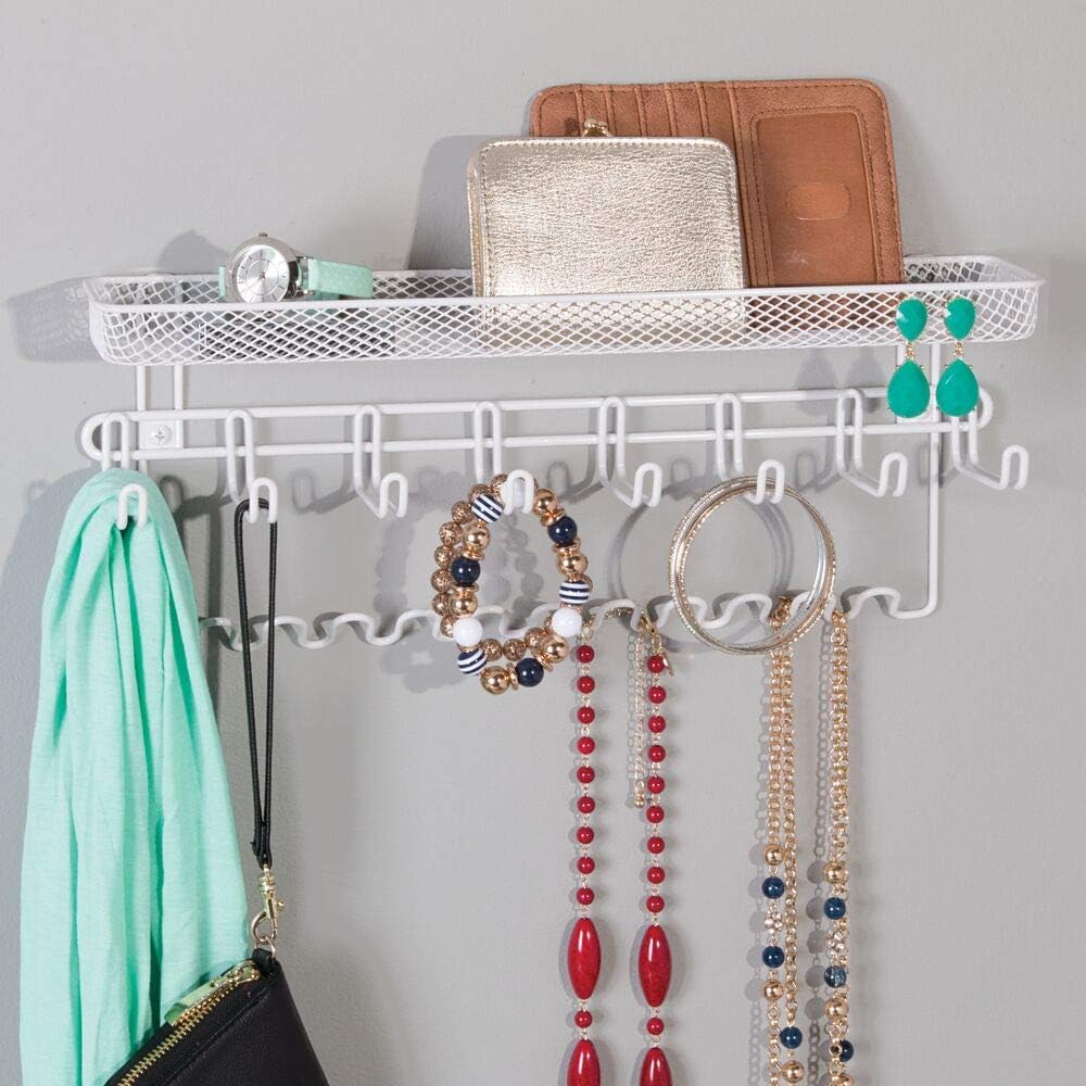 mDesign Decorative Metal Closet Wall Mount Jewelry Accessory Organizer for Storage of Necklaces, Bracelets, Rings, Earrings, Sunglasses, Wallets - 8 Large /11 Small Hooks, 1 Basket - White: Home & Kitchen
