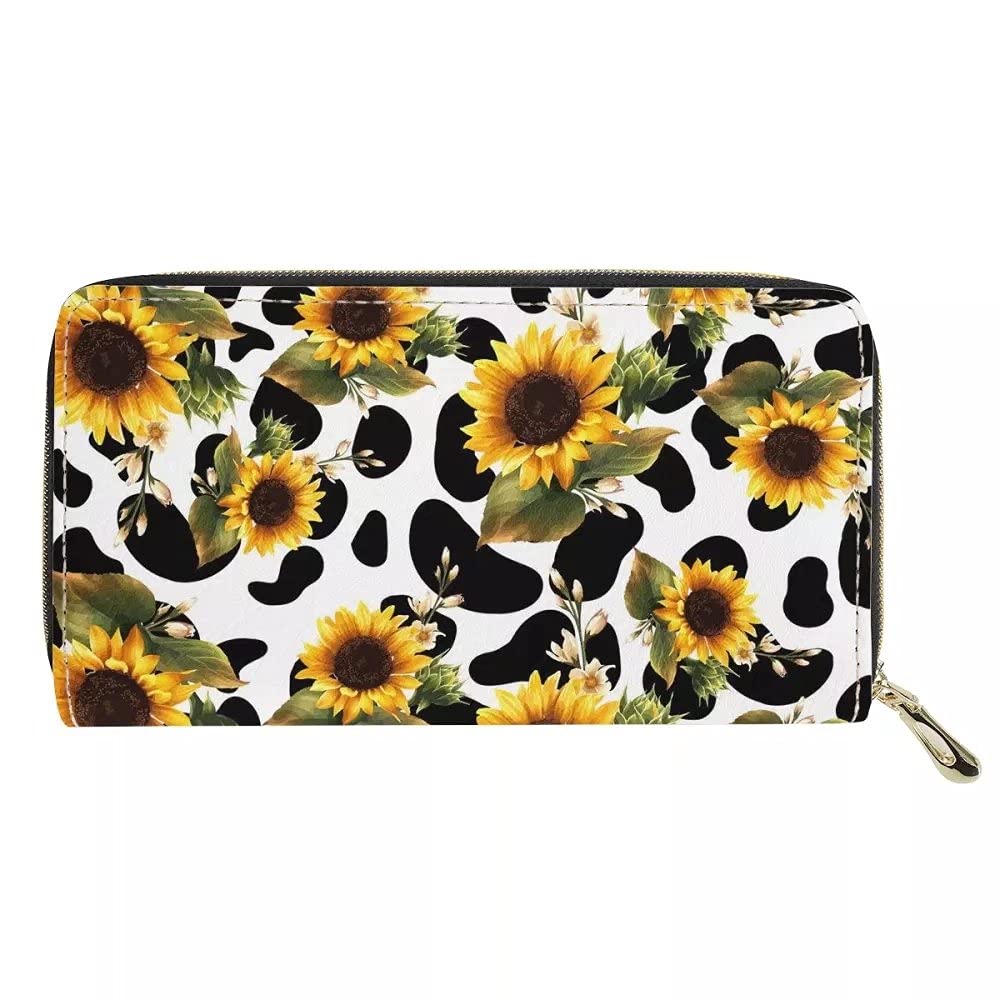 chaqlin Sunflower with Cow Printed PU Leather Purse for Womens Wallet Large Capacity Phone Case Money Bags Travel Holiday Party Handbags Coin Holder