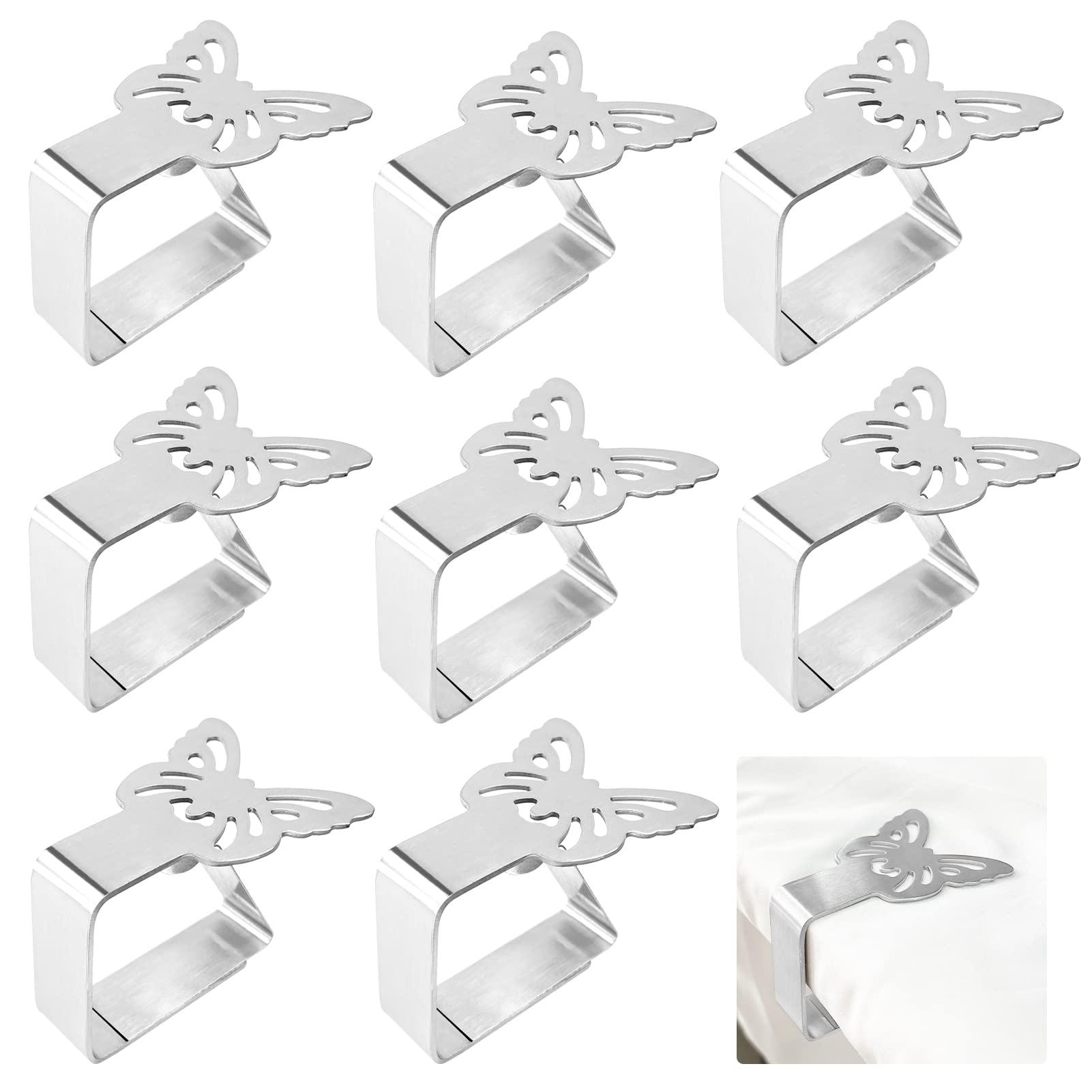 8 Pieces Silver Butterfly Tablecloth Clips Stainless Steel Thickened Table Cloth Clamp Holder Adjustable Table Cover Clamps Table Cloth Holders for Home Picnic Party Wedding Outdoor and Indoor