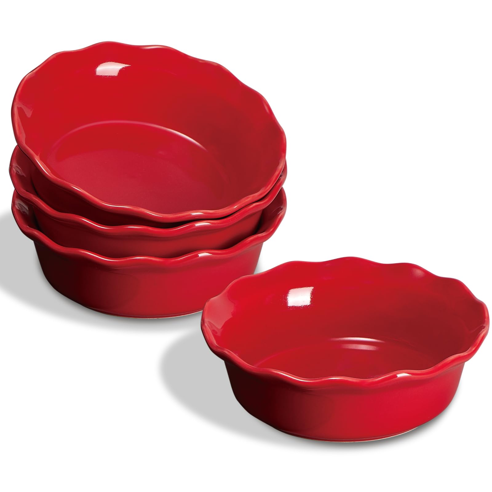 ONEMORE Ceramic Pie Dishes Set of 4, 17cm Individual Deep Pie Pan, 16 oz Small Oven Proof Round Dish for Baking, Non Stick, Red
