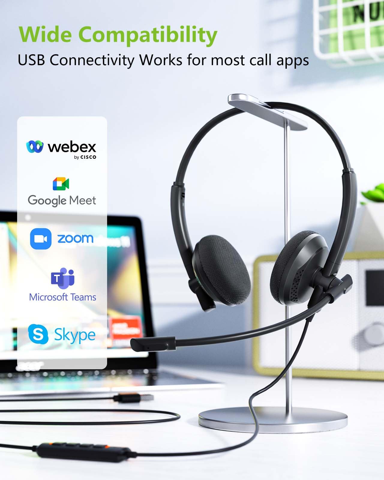 acer USB Headset with Noise Cancelling Microphone, for PC Laptop - Wired Computer PC/Zoom/MS Teams/Skype/Webinars/Call Center and More, Lightweight On-Ear Design (Black)