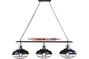 LAKIQ Industrial Hanging Island Lighting Fixture 3 Lights Vintage Pool Table Pendant Light Bowl Cage Shade with Billiard Ball Decoration for Kitchen Dining Table Gaming Room Restaurant