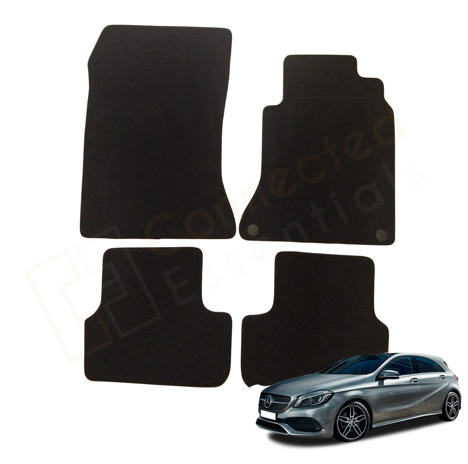 Fully Tailored Car Mats for Mercedes A Class W176 2013-2018, Set of 4 Floor Mats, Black with Black Trim with 2 Safety Clips by Connected Essentials