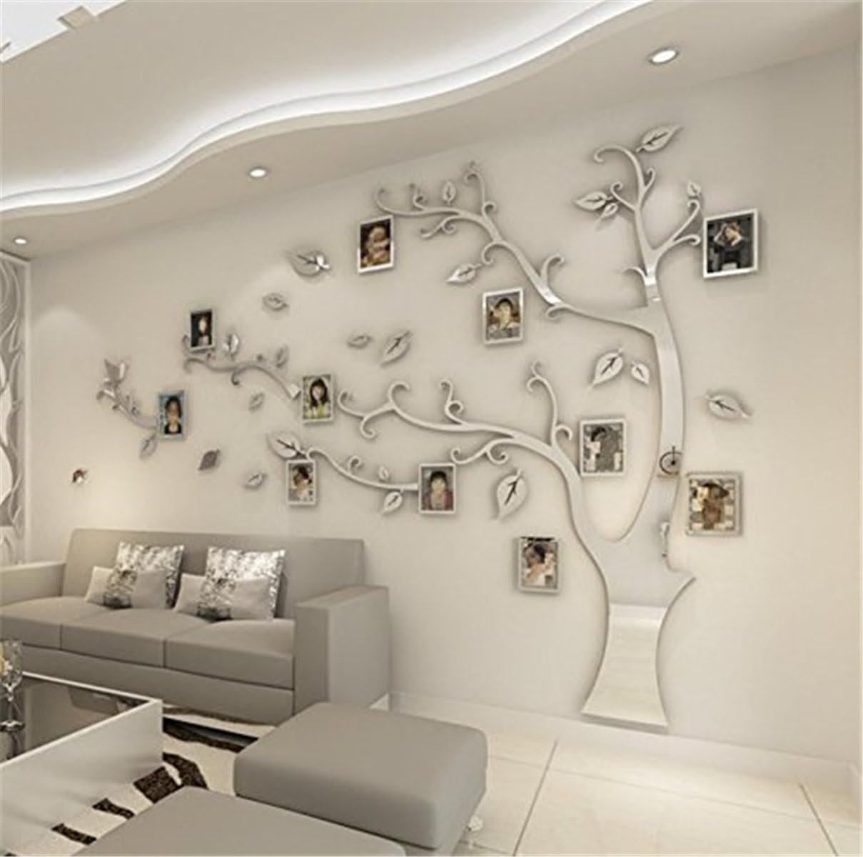 DIY 3D Huge Menory Tree Wall Stickers Crystal Acrylic Photo Frame Tree Wall Decals Wall Murals Home Decorations Arts (M, Silver, Right to Left)