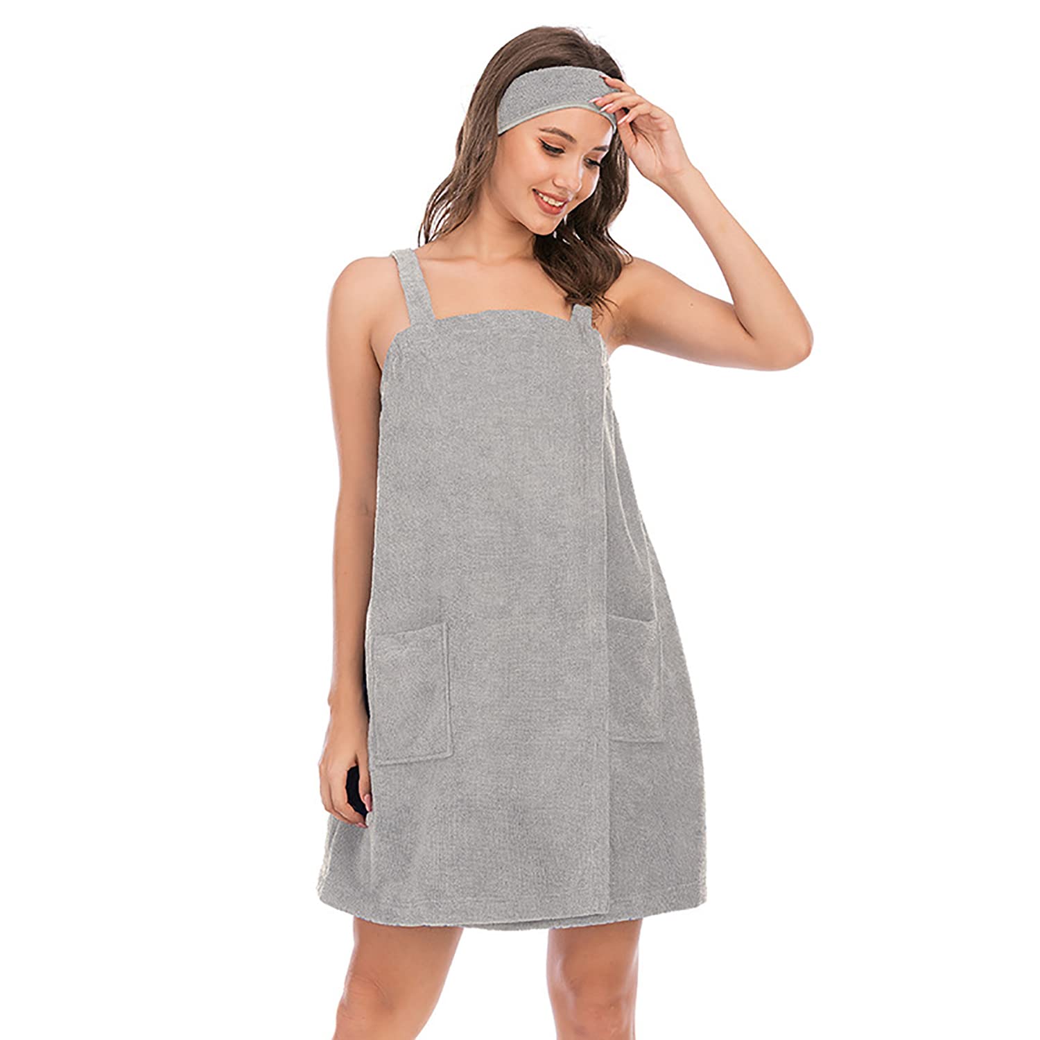 Verve Jelly Women's Grey XL Quick Dry Bathrobe with Pockets & Headband