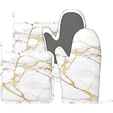 Luxury Marble White Gold Oven Mitts and Pot Holders Sets of 4, Heat Resistant Silicone Oven Mittens and Potholders Gloves Hot Pads for Kitchen Cooking Baking Grilling BBQ Chef