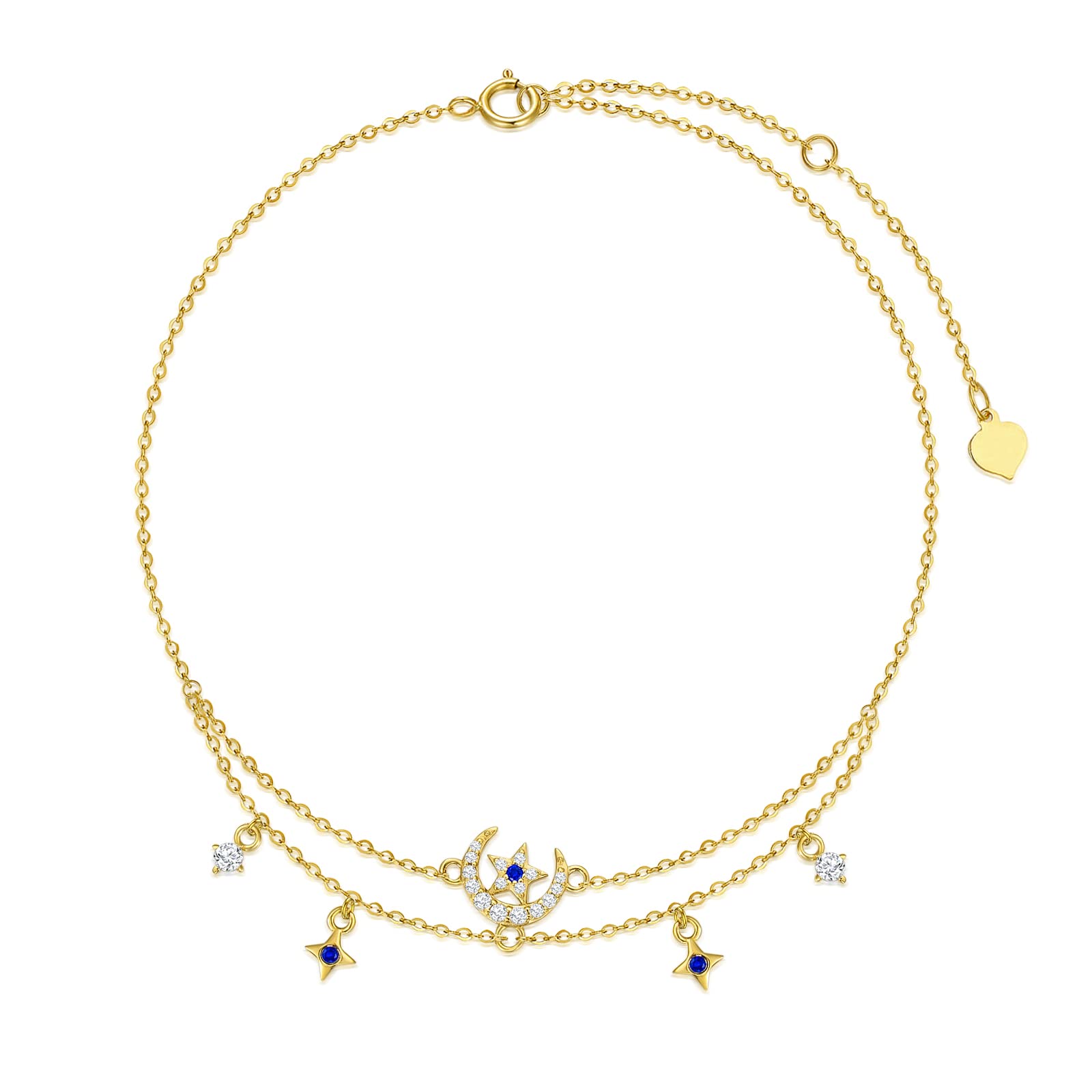 SISGEM 9 ct Gold Star and Moon Anklet, Solid Yellow Gold Starry and Lunar Layered Anklet, for Women Girls Ladies Mum Sisters, 8"+0.7"+0.7"+0.7"