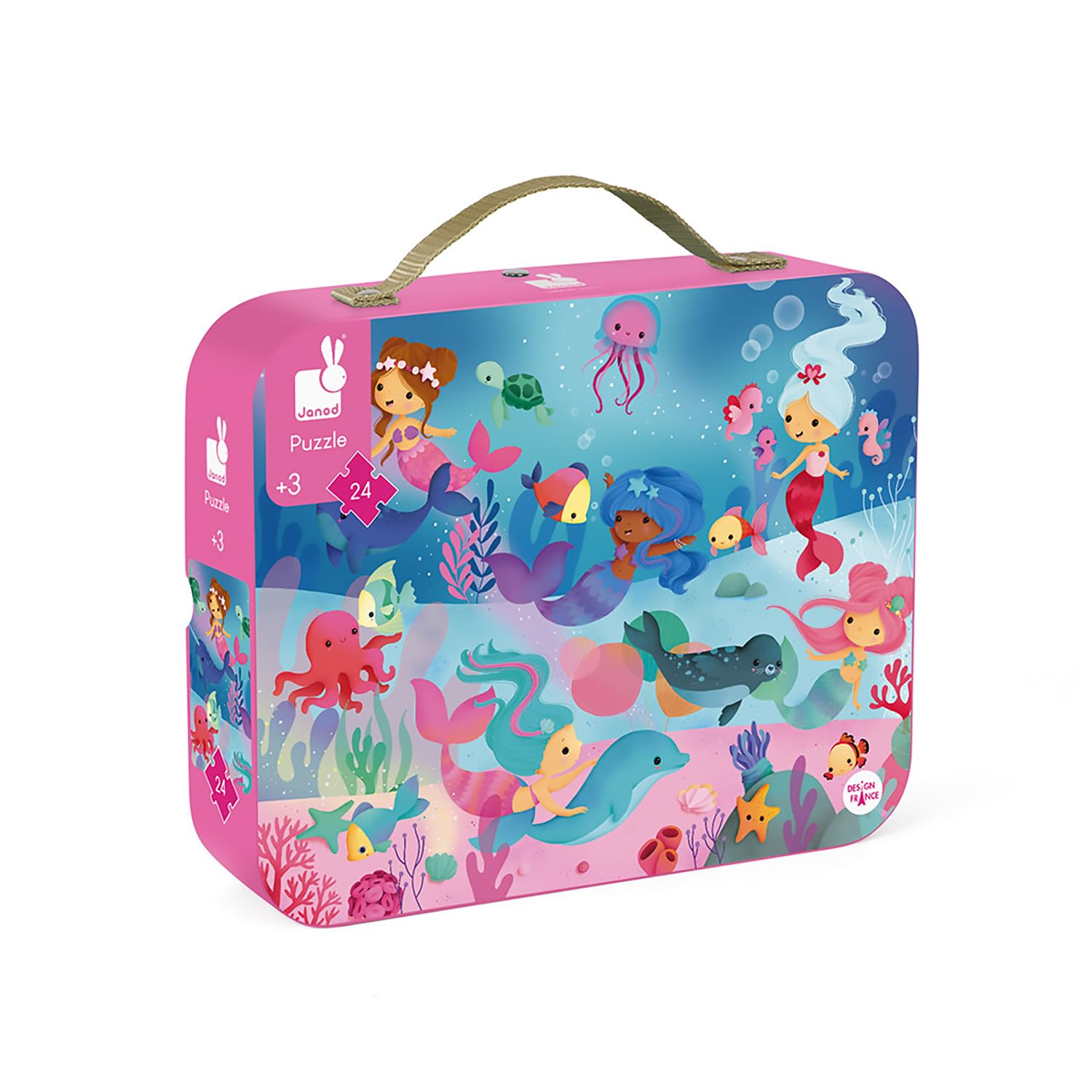 Janod - Child Puzzle Mermaids 24 Pieces - Educational Game - Fine Motor Skills and Concentration - Case with Handle - Made In France and Fsc Certified - Green Inks - from 3 Years Old, J02613