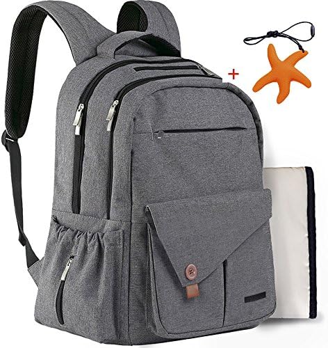 Diaper Bag Backpack for Men Dad Mom Large Great Baby Shower Present Multi-function Waterproof Durable Insulated Travel Nappy Bags with Pockets Include Teething Necklace Gray