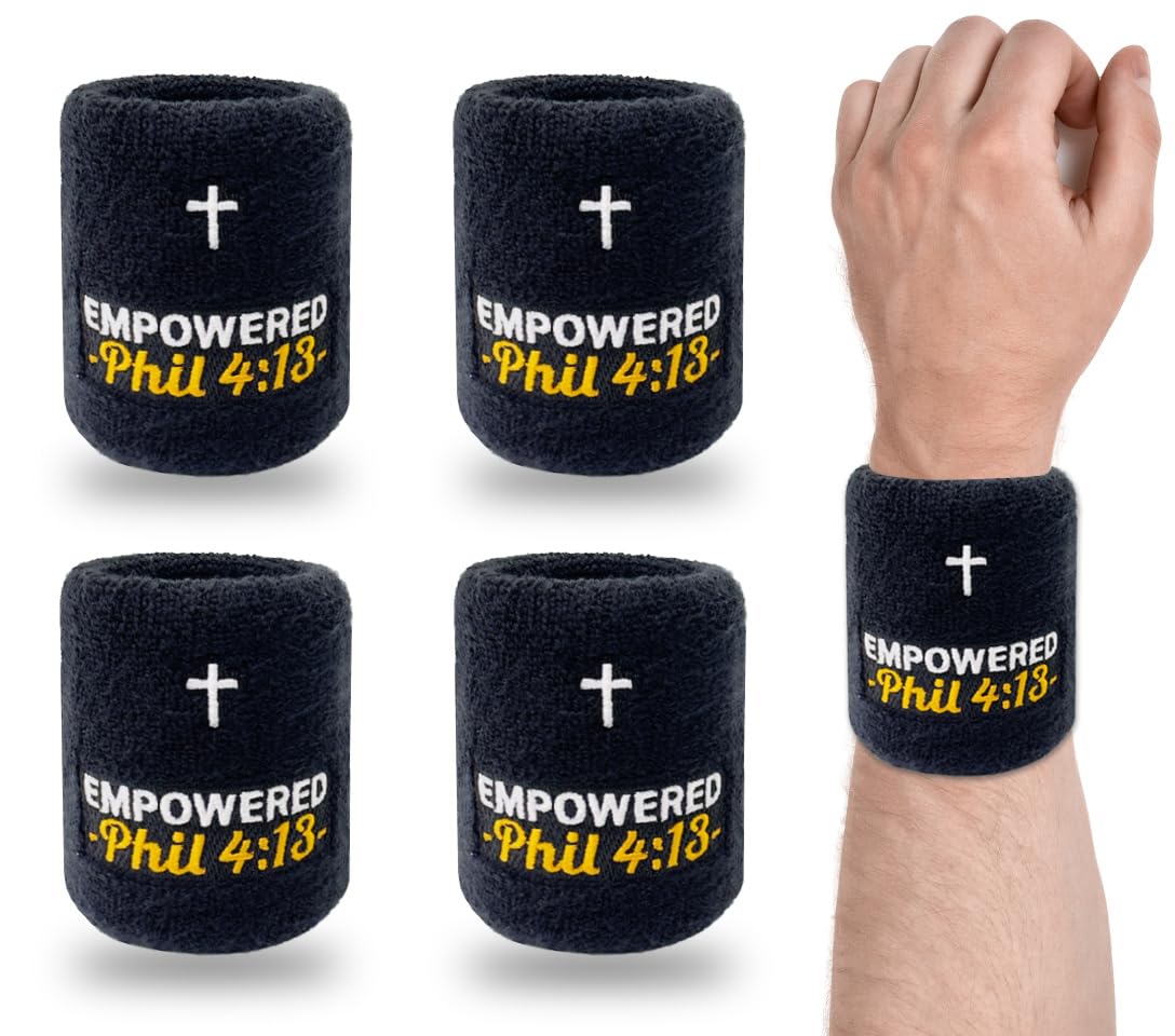 Photo 1 of  Christian Sports Sweat Wristbands with Scripture & Cross for Men Women Gym Football Basketball Baseball (Black)