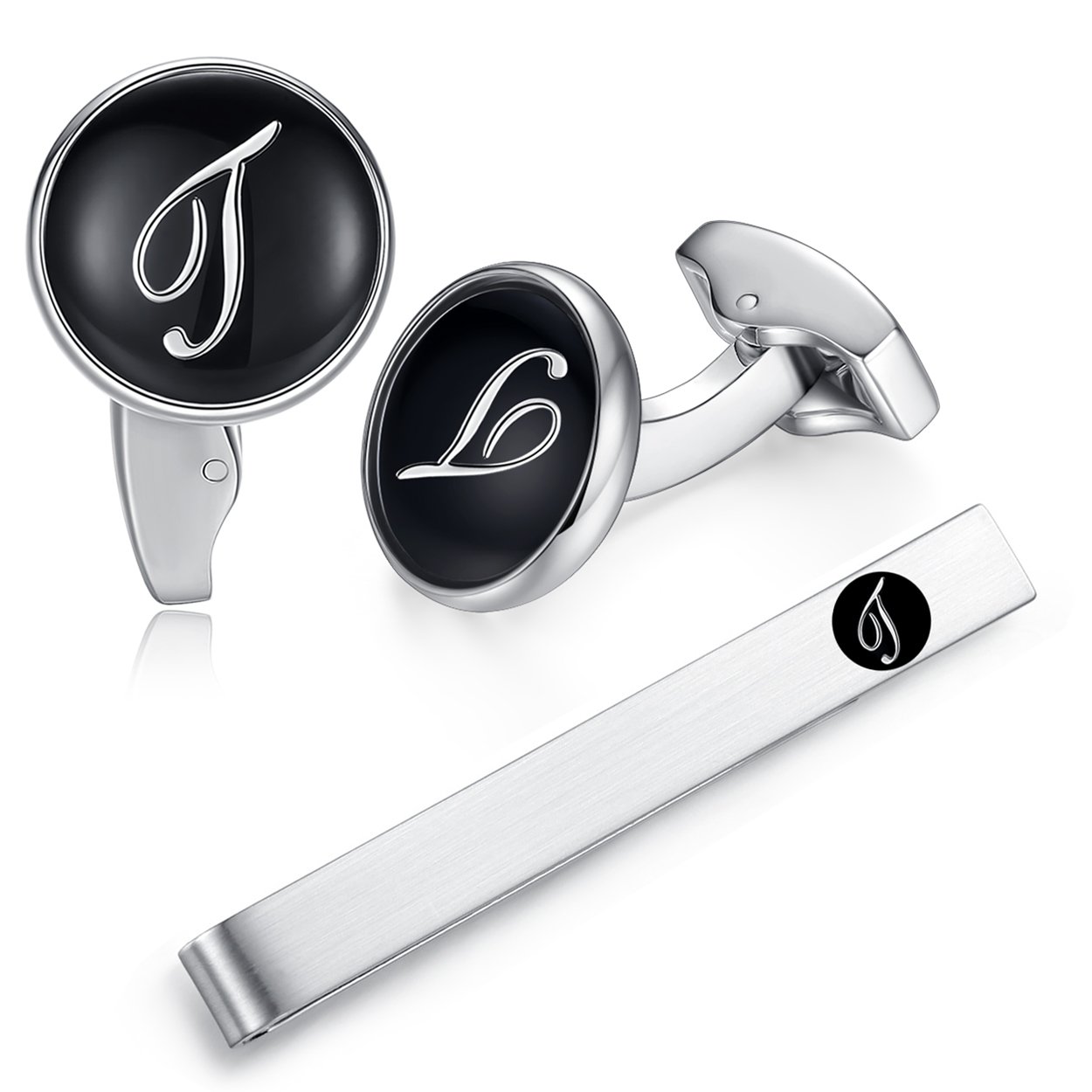 HONEY BEAR Initial Alphabet Letter Cufflinks Tie Clip Set for Mens - Black Round Stainless Steel, for Business Wedding Gift A - Z (T)