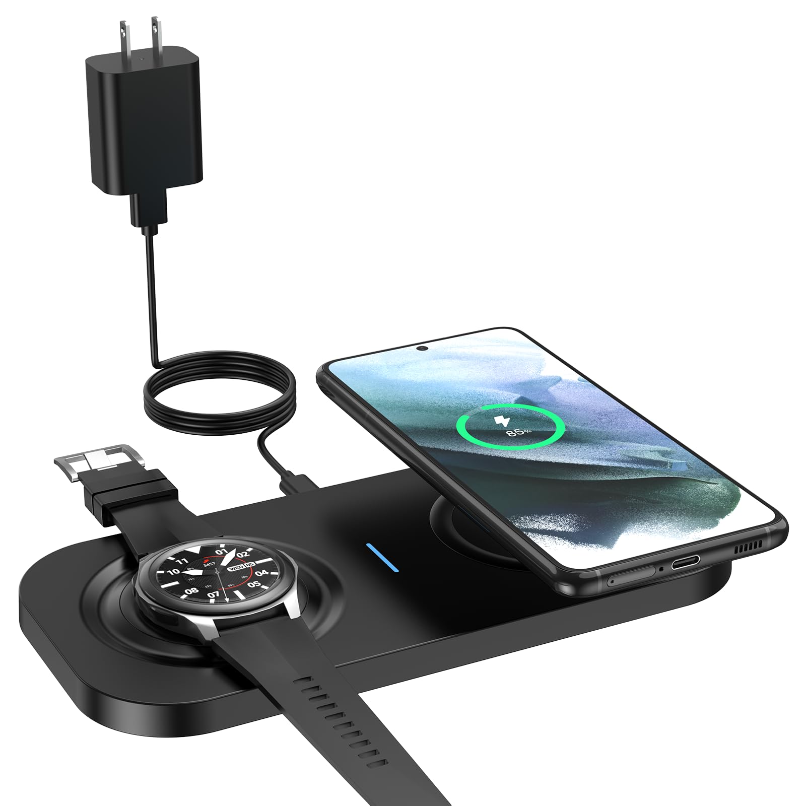 Photo 1 of 2-in-1 Wireless Charging Station for Samsung: TAMOXI Induction Charger Stand Fast Compatible with Galaxy S23/S22/S21/S20 Galaxy Watch/Buds - Carbon Black