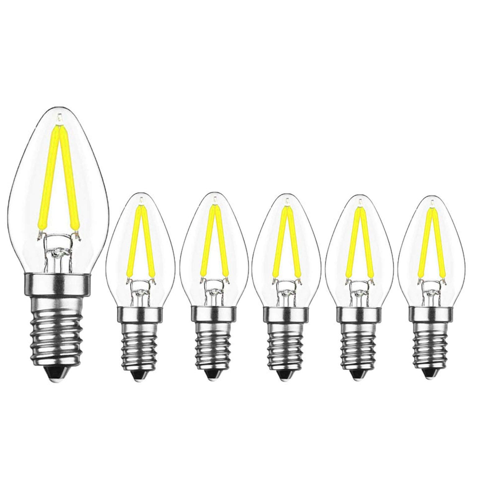 Photo 1 of KIMROO 2W E12 C7 Candelabra LED Bulbs(6 Pack) 15W Enquivalent E12 Base LED Filament 2W Bulb 120V Dimmable 6000K Daylight White Clear Glass C7 Mini Candle Torpedo Shape for Night Light (White)