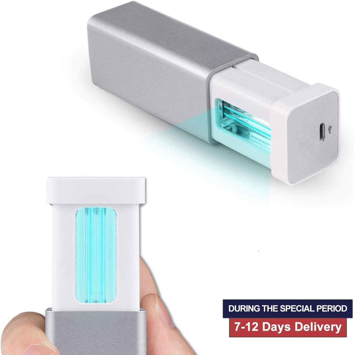 UV-C Light Sanitizer, Monja Handheld Sanitizer Wand, Portable Disinfection Light with LED Flashlight, Rechargeable Mini Sterilizer for Wardrobe, Living Room, Bedroom, Bathroom (Silver)